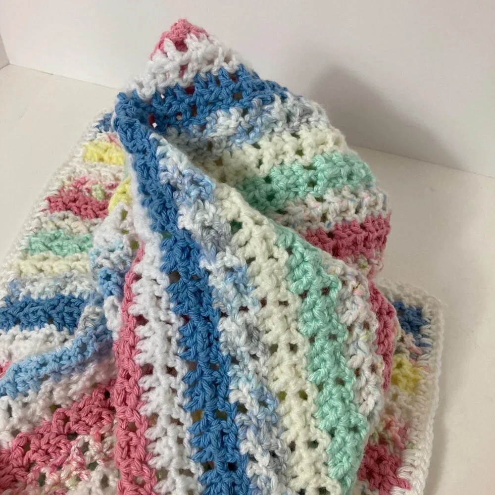 Handmade Crocheted Baby Receiving Blanket Multicolored Pastel & White Stripes 23